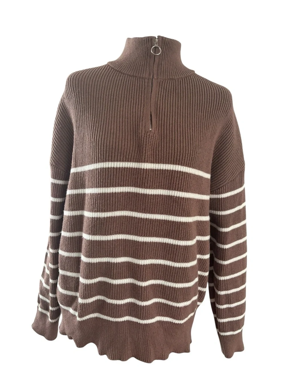 Striped Brown Half‑Zip Cowl Neck Sweater